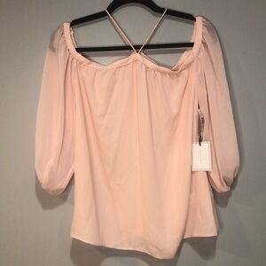 1. State Womens Pink Chiffon Off The Shoulder Balloon Sleeve Blouse Top